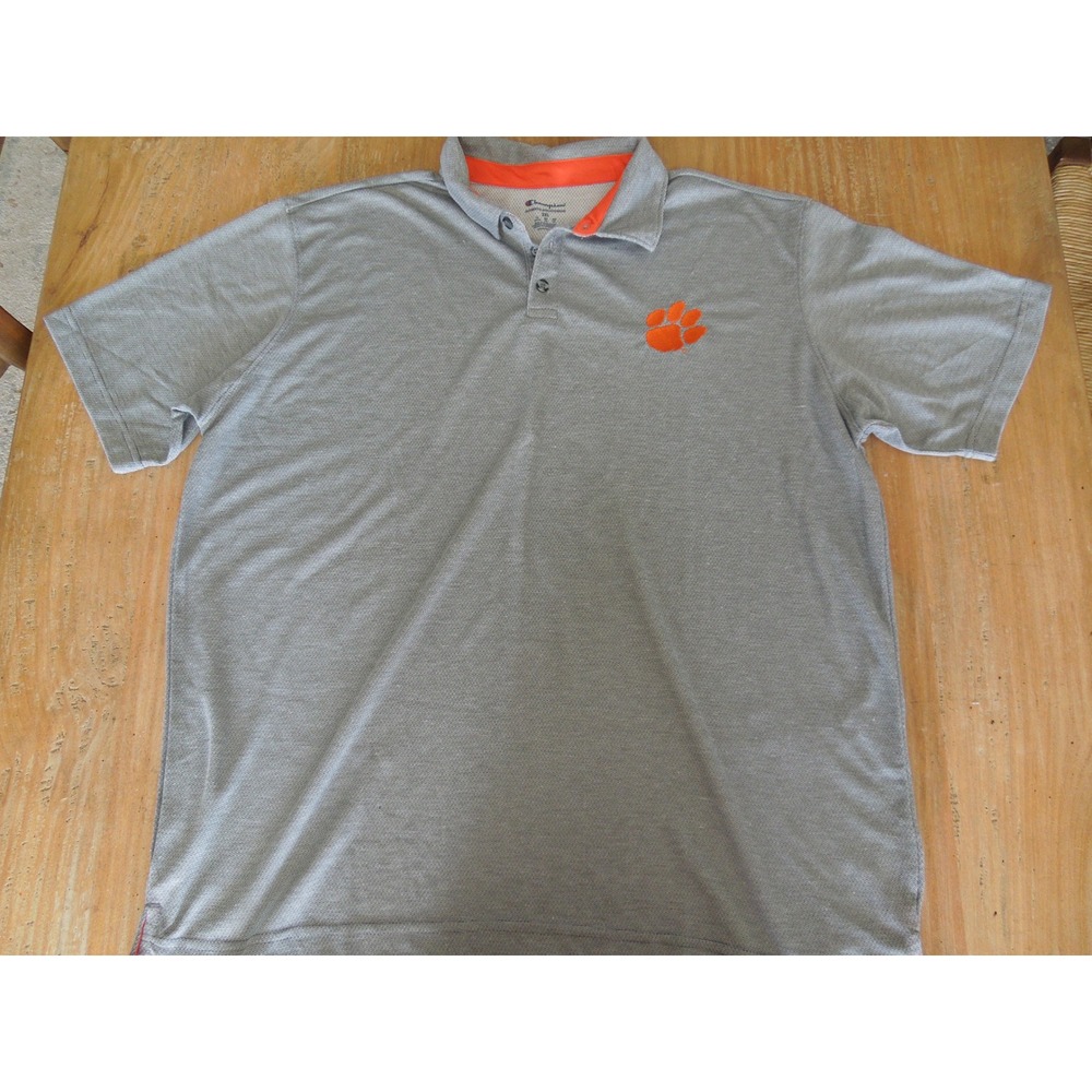 Champion Clemson Tigers Polo Shirt Mens 2XL Grey Orange Embroidered Paw Logo XXL